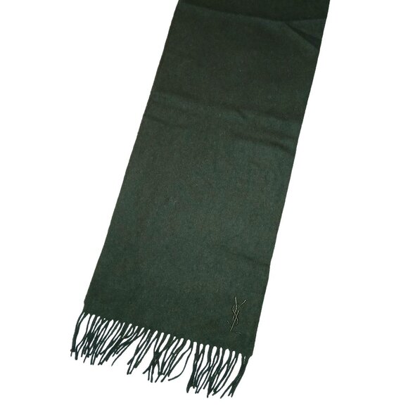 Yves Saint Laurent YSL Forest Green Embroidered Wool Fringed Scarf Pre-Owned - Picture 5 of 8
